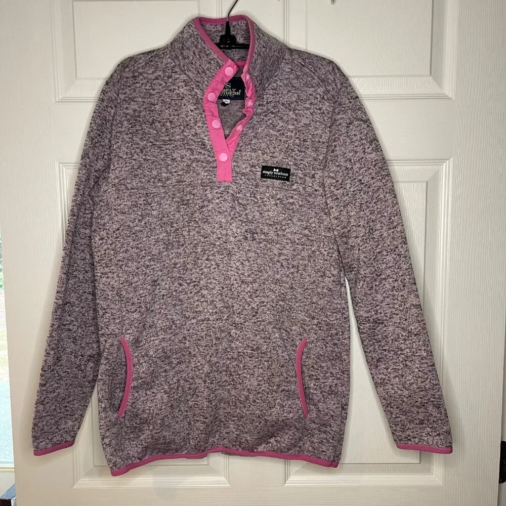 Simply Southern Heathered Gray Pink Pullover Sweatshirt‎ Womens Size Medium Snap